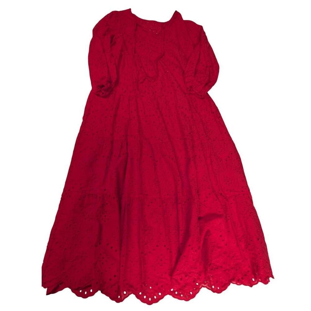 Red Eyelet Tiered Maxi Dress 3/4 Puff Sleeve Scalloped Hem Prairie Cottagecore S
